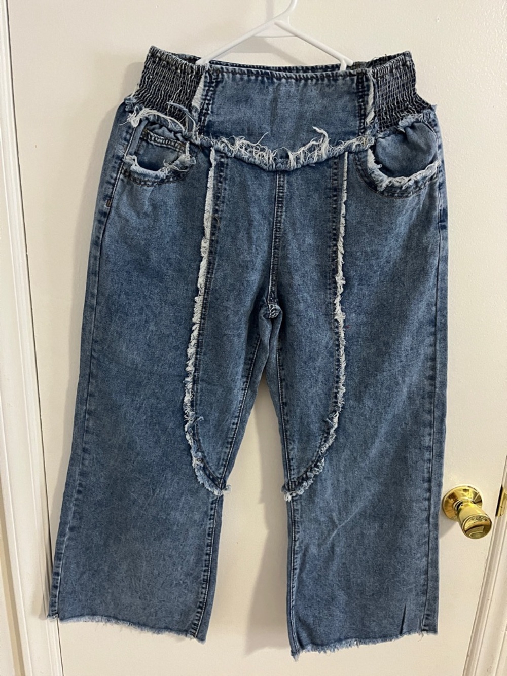 NWT SHEIN Washed Blue Distressed Flare Jeans with Smocked Waist